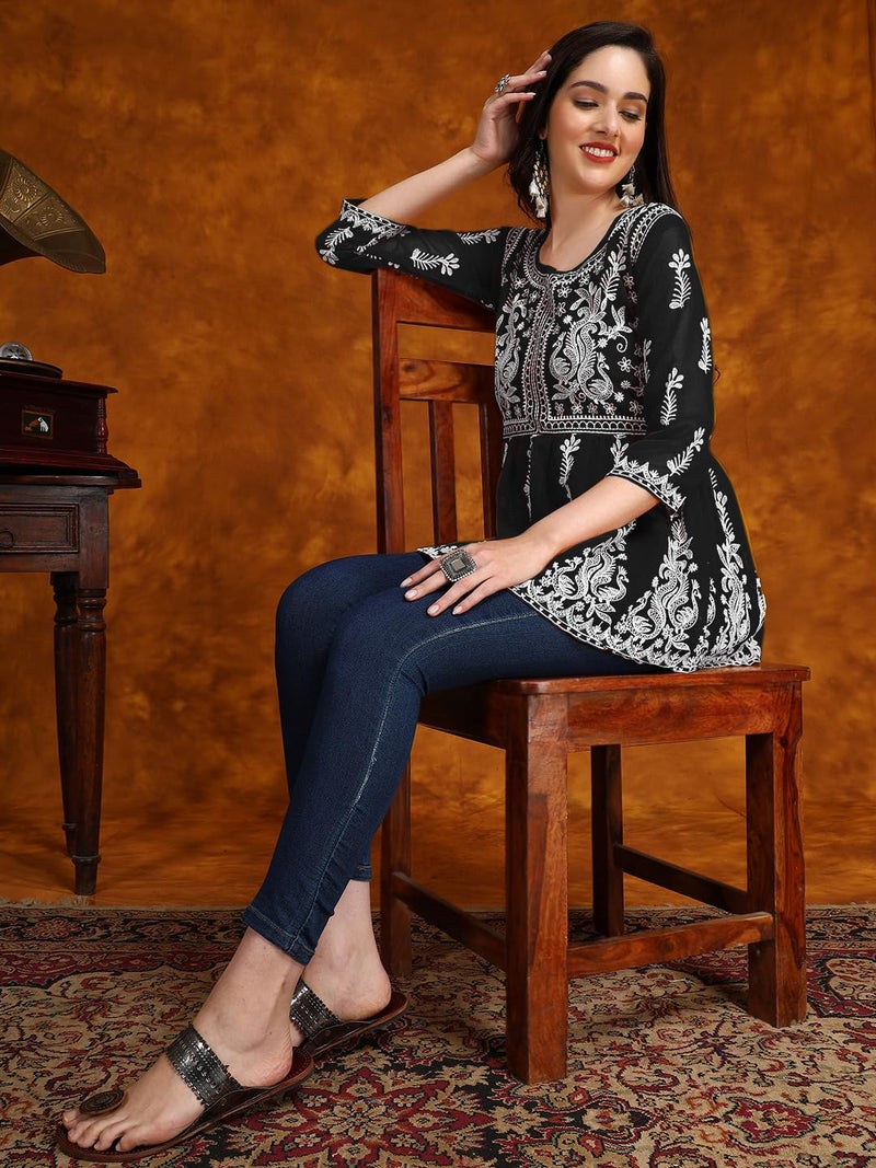 EthnicJunction Georgette Women Chikan Embroidery Short A-Line Kurti | Summer Kurti | Short Kurti for Women | Top for Office | Women's Tunics Tops | Kurta Shirt Top | Regular Fit Top Black - Image 5
