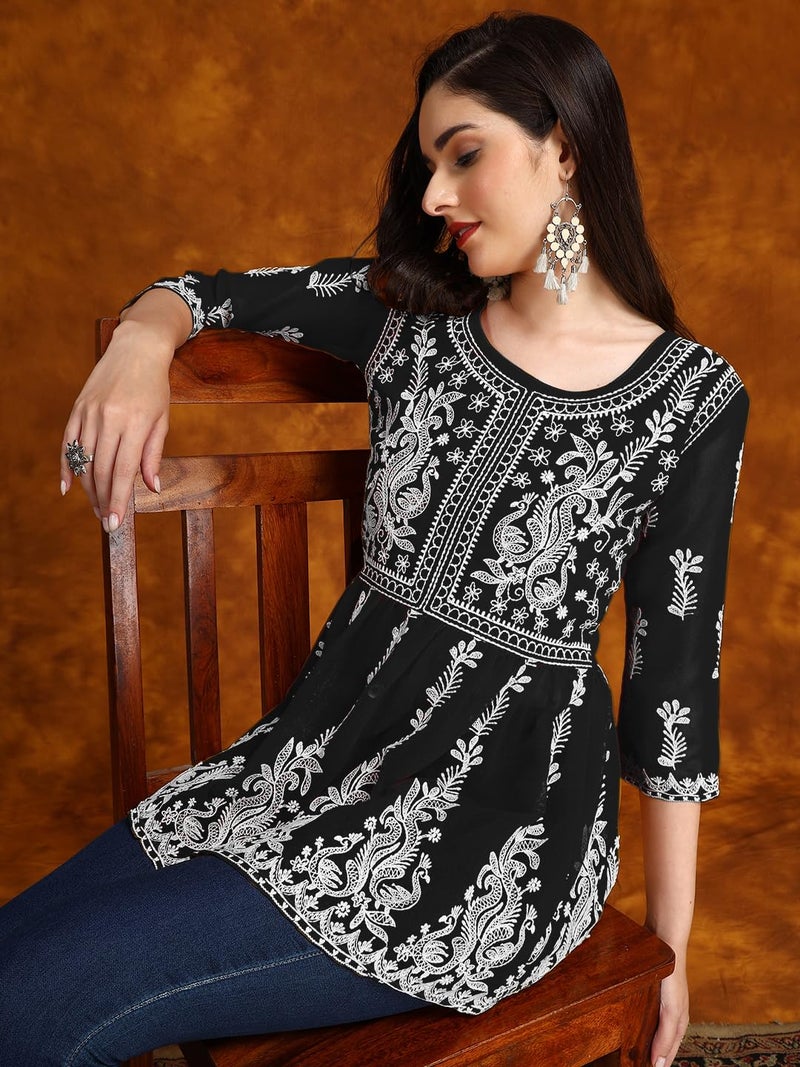 EthnicJunction Georgette Women Chikan Embroidery Short A-Line Kurti | Summer Kurti | Short Kurti for Women | Top for Office | Women's Tunics Tops | Kurta Shirt Top | Regular Fit Top Black - Image 3