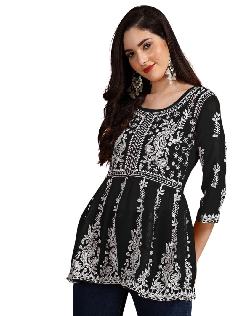 EthnicJunction Georgette Women Chikan Embroidery Short A-Line Kurti | Summer Kurti | Short Kurti for Women | Top for Office | Women's Tunics Tops | Kurta Shirt Top | Regular Fit Top Black - Image 1