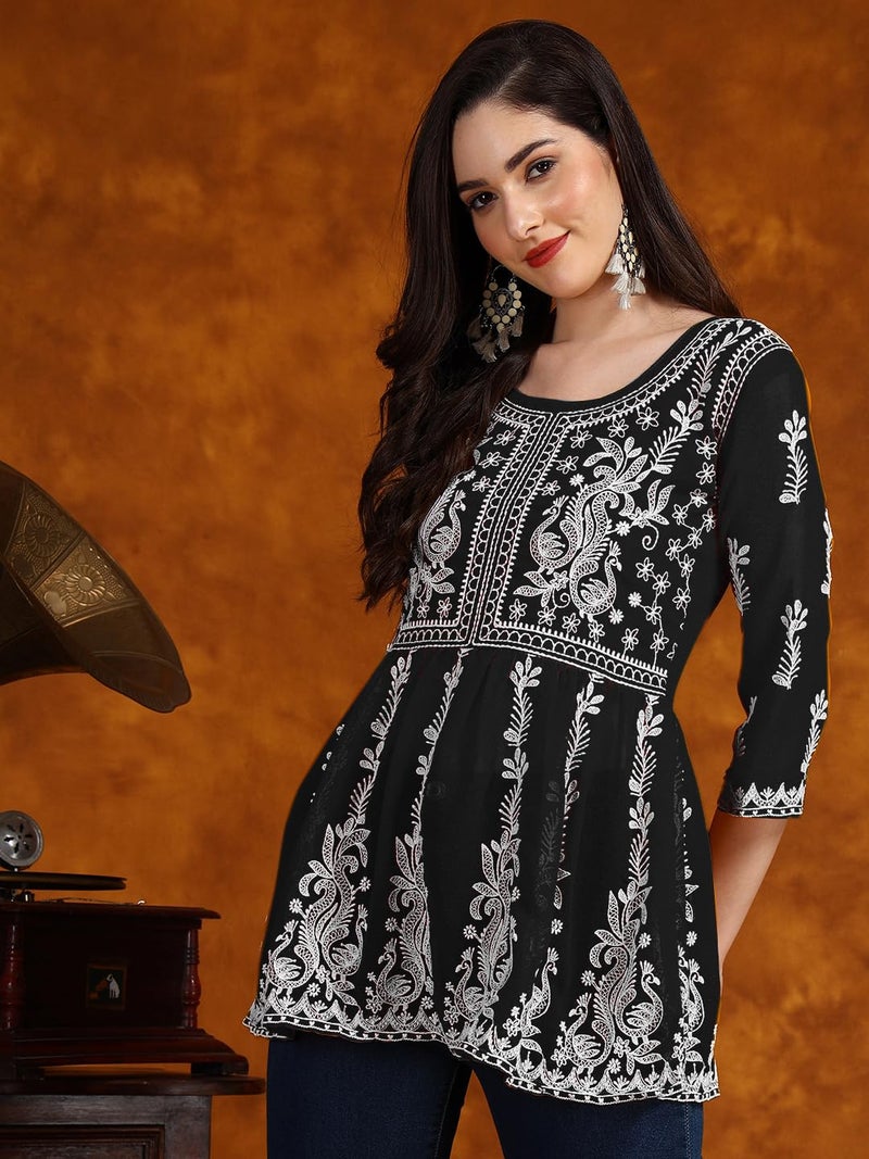 EthnicJunction Georgette Women Chikan Embroidery Short A-Line Kurti | Summer Kurti | Short Kurti for Women | Top for Office | Women's Tunics Tops | Kurta Shirt Top | Regular Fit Top Black - Image 4