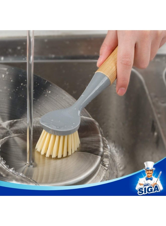 Mr Siga MR.SIGA Dish Brush with Bamboo Handle Built-in Scraper, Scrub Brush for Pans, Pots, Kitchen Sink Cleaning, Pack of 2 - Image 4