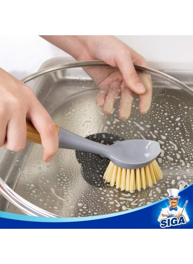 Mr Siga MR.SIGA Dish Brush with Bamboo Handle Built-in Scraper, Scrub Brush for Pans, Pots, Kitchen Sink Cleaning, Pack of 2 - Image 2