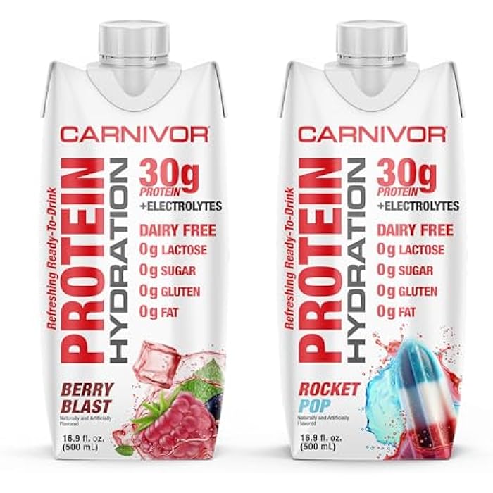 MuscleMeds Carnivor Protein Hydration RTD, Refreshing Ready to Drink, 30g Isolate Protein, Lactose Free, Sugar Free, Electrolytes, Halal Certified, Rocket Pop, Berry Blast16.9 Fl Oz, Liquid (Pack of 2) - Image 1