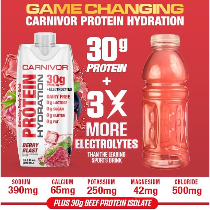 MuscleMeds Carnivor Protein Hydration RTD, Refreshing Ready to Drink, 30g Isolate Protein, Lactose Free, Sugar Free, Electrolytes, Halal Certified, Rocket Pop, Berry Blast16.9 Fl Oz, Liquid (Pack of 2) - Image 5