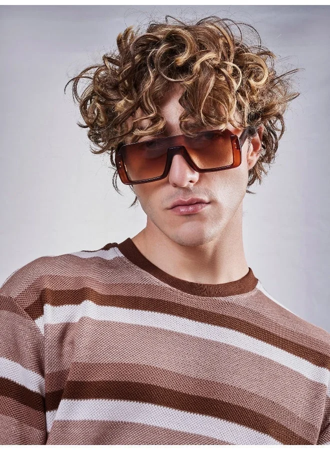 مانياك تيشيرت قطن رجالي مخطط برقبة دائرية وأكمام نصفية باللونين البني والأبيض