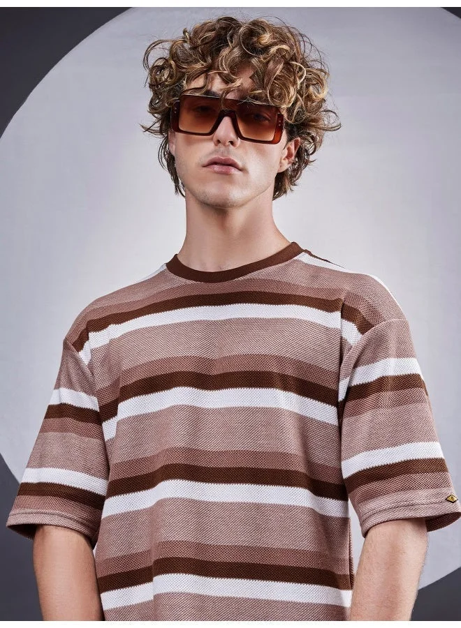 Maniac Maniac Mens Bold Stripe Half Zipper Polo Neck Half Sleeve Green and Half White Cotton Tshirt