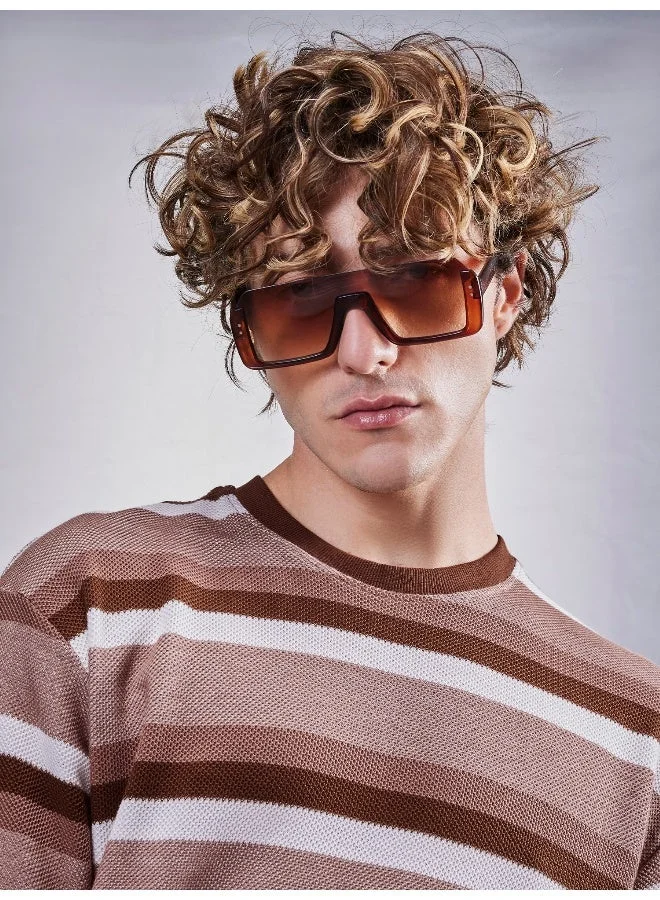 مانياك تيشيرت قطن رجالي مخطط برقبة دائرية وأكمام نصفية باللونين البني والأبيض