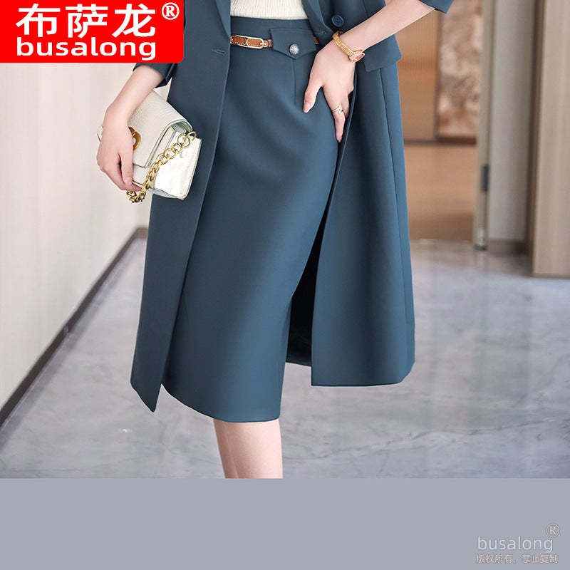 Busalong New Womens Coat Korean Professional Mid-length Suit Collar Coat Coat Work 5003 7015 Blue Skirt