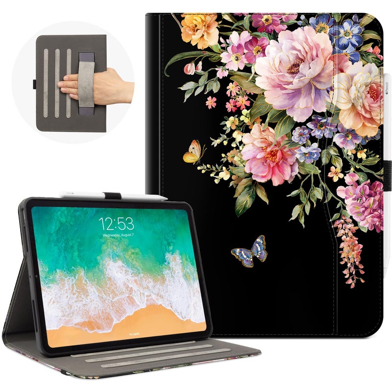 Vimorco for iPad Pro 11 Inch Case M5/M4 2025/2024, Pink Flower for iPad Pro Case 11 Inch M5/M4 for Girls & Women, Pencil Holder/Hand Strap/Pocket, Adjustable Angle, Auto Sleep/Wake, Floral Butterfly - Image 1