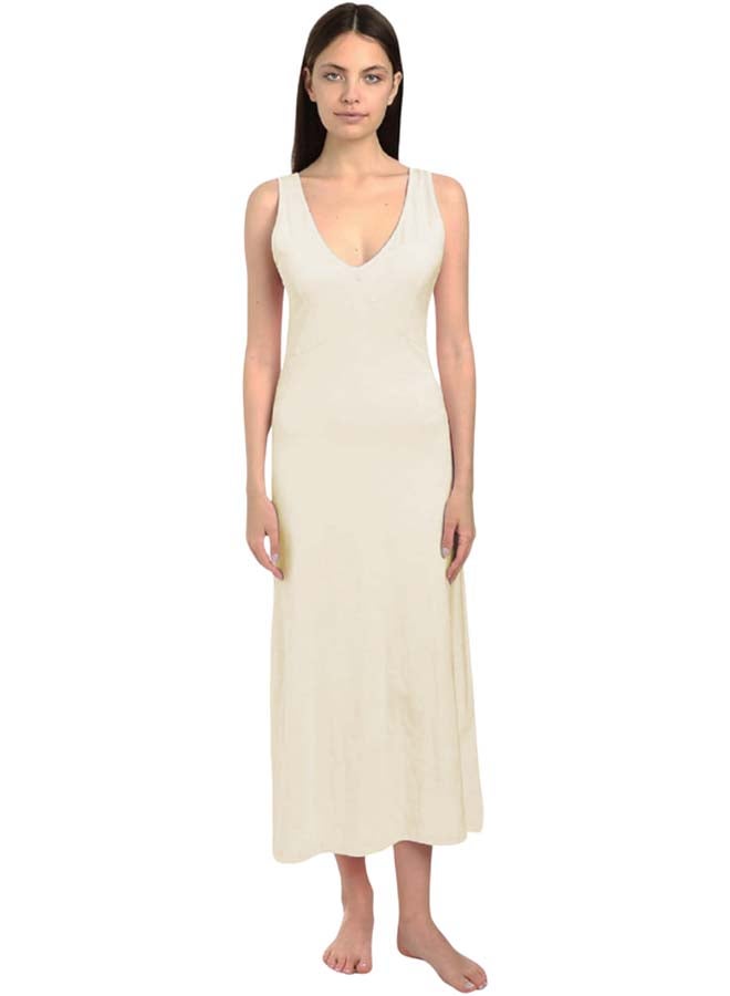 Dahab Cotton Plain Sleeveless V-Neck Full Slip For Women-Beige - Image 1