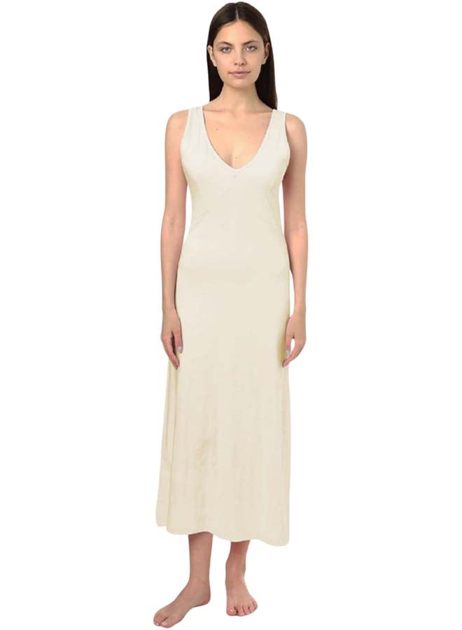 Dahab Cotton Plain Sleeveless V-Neck Full Slip For Women-Beige - Image 2
