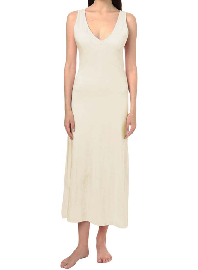 Dahab Cotton Plain Sleeveless V-Neck Full Slip For Women-Beige - Image 3