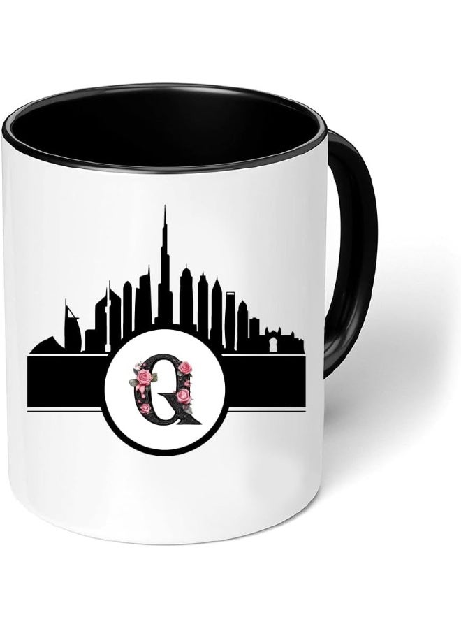 Dubai Skyline with Initial Monogram Black Coffee Mug-Perfect for Tea and Coffee Lovers-Dubai Skyline and Monogram Design-11 Oz - Image 1