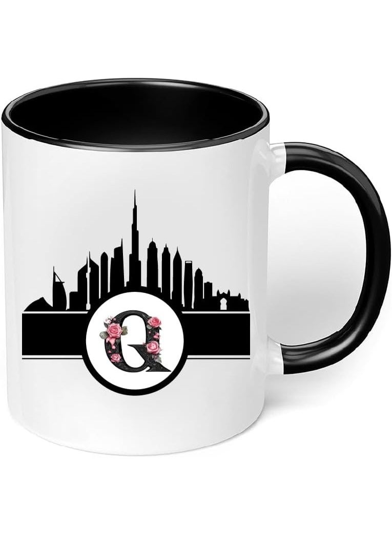 Dubai Skyline with Initial Monogram Black Coffee Mug-Perfect for Tea and Coffee Lovers-Dubai Skyline and Monogram Design-11 Oz - Image 4