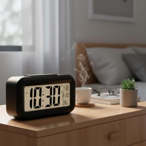 Rorian Digital Alarm Clock – Large LCD Display with Smart Backlight, Indoor Temperature, Date & Calendar, Battery Operated Portable Desktop Clock for Bedroom, Travel, and Office (Black) - Image 2