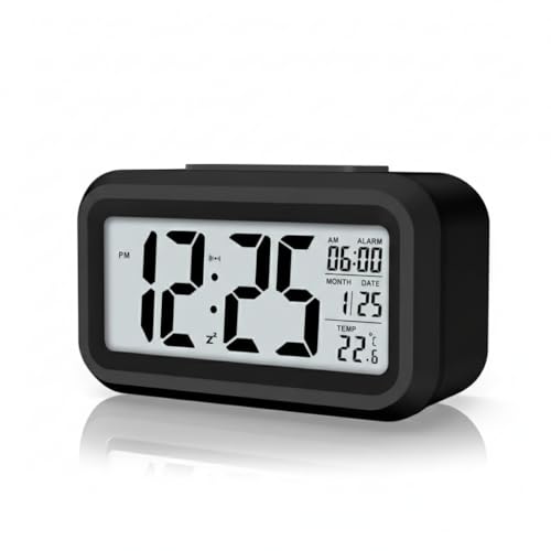 Rorian Digital Alarm Clock – Large LCD Display with Smart Backlight, Indoor Temperature, Date & Calendar, Battery Operated Portable Desktop Clock for Bedroom, Travel, and Office (Black) - Image 1