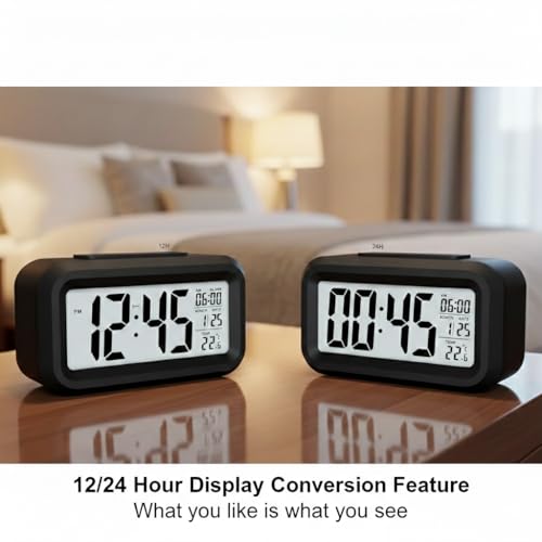 Rorian Digital Alarm Clock – Large LCD Display with Smart Backlight, Indoor Temperature, Date & Calendar, Battery Operated Portable Desktop Clock for Bedroom, Travel, and Office (Black) - Image 5