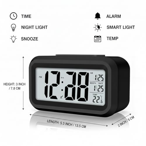 Rorian Digital Alarm Clock – Large LCD Display with Smart Backlight, Indoor Temperature, Date & Calendar, Battery Operated Portable Desktop Clock for Bedroom, Travel, and Office (Black) - Image 3