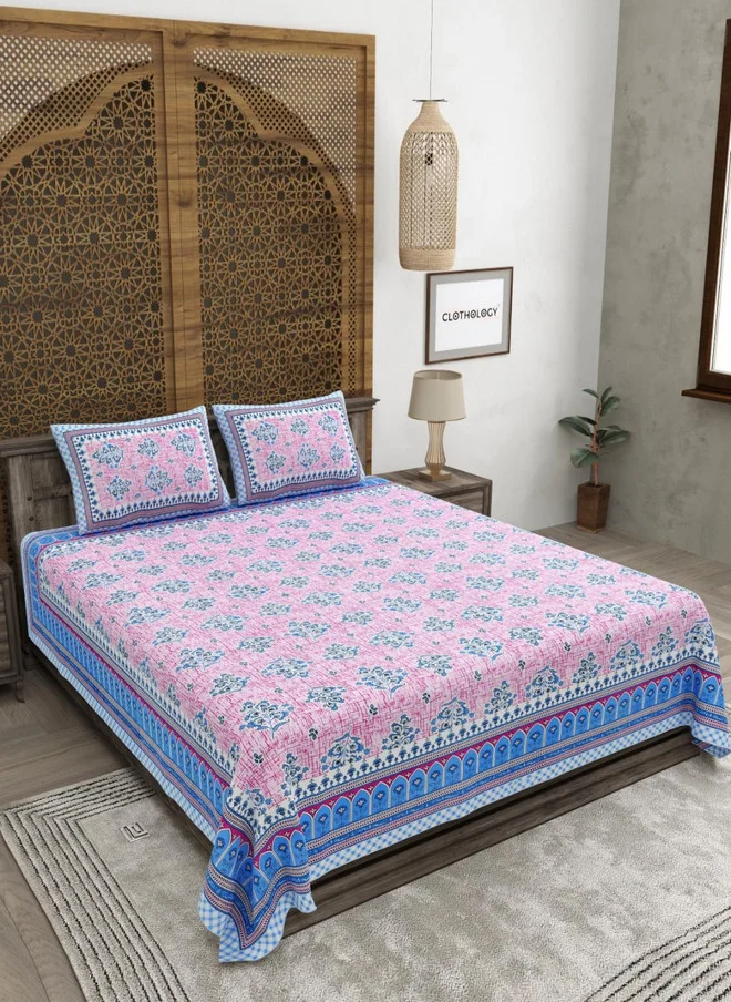 CLOTHOLOGY CLOTHOLOGY Blue & Pink Floral Pure Cotton 180 TC King Bedsheet Set