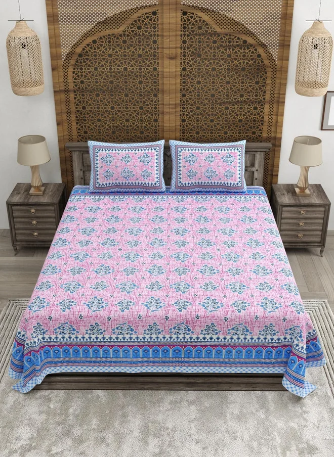 CLOTHOLOGY CLOTHOLOGY Blue & Pink Floral Pure Cotton 180 TC King Bedsheet Set