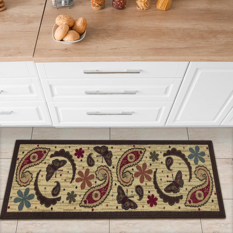 Ottomanson 20 x 59 Paisley Kitchen Rug  Farmhouse Style NonSlip Mat for Dining Entryway  Laundry  Durable StainResistant  Perfect for HighTraffic Areas Beige