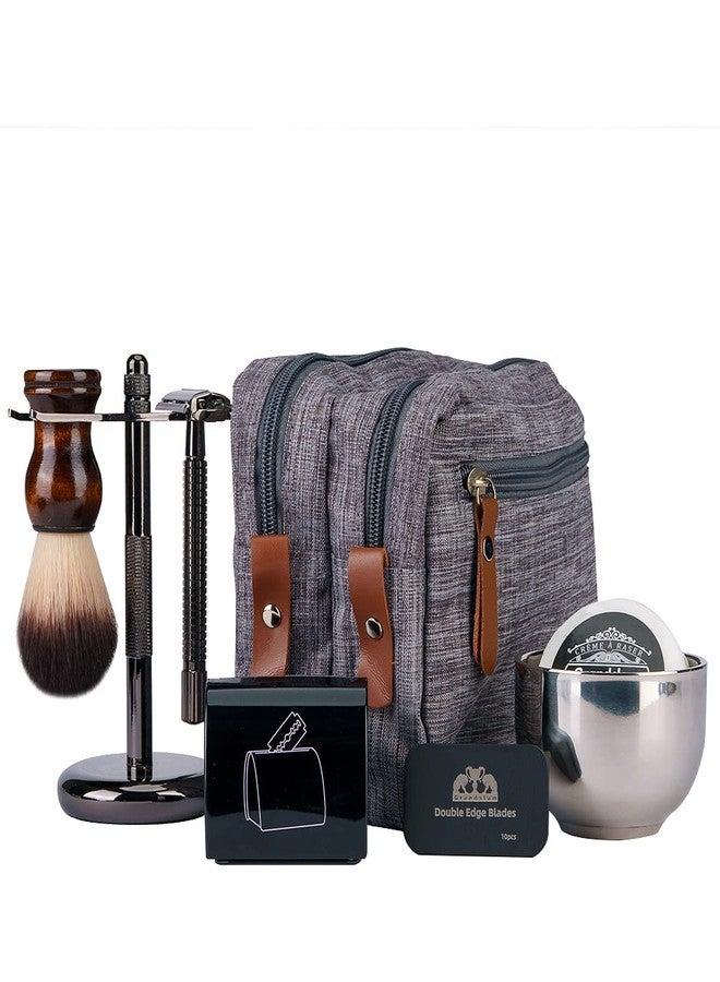 Grandslam Shaving Kit for Men, Safety Razor with 10 Blades, Shaving Brush, Stand and Soap Cream, Stainless Steel Bowl, Canvas & Leather Dopp Kit Gift Set - Image 1