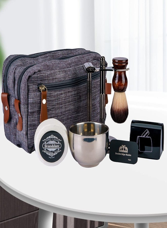 Grandslam Shaving Kit for Men, Safety Razor with 10 Blades, Shaving Brush, Stand and Soap Cream, Stainless Steel Bowl, Canvas & Leather Dopp Kit Gift Set - Image 2