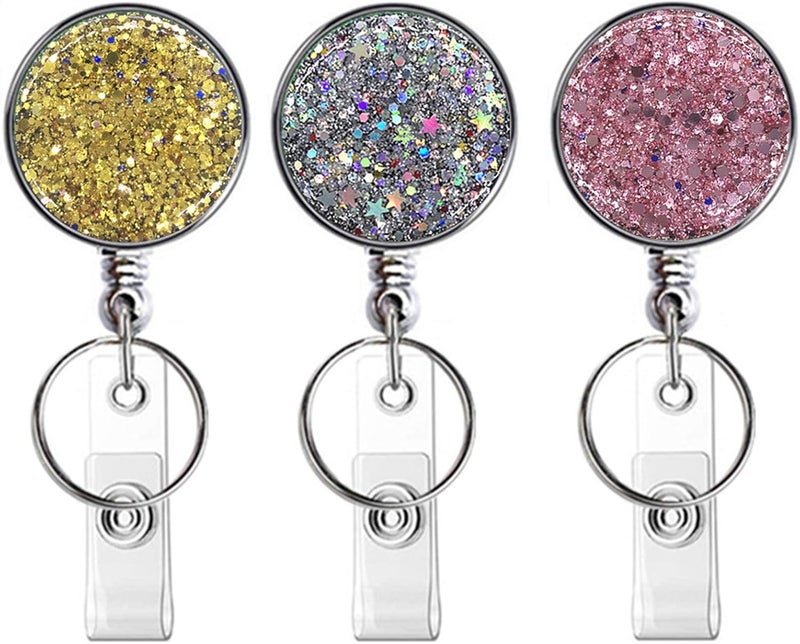 Boutilon Retractable Badge Holder, Retractable Badge Reels,Lightweight Plastic Badge Reel Card Holder with Key Ring Backing Belt Clip for Nurse,Volunteer,Teacher,Student(Pretty Golden Sliver Pink) - Image 1