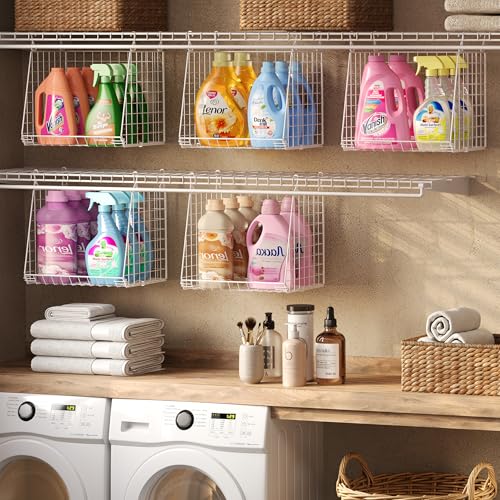 Sonyabecca 3Pack ExtraTall 136 Hanging Laundry Basket Organizer Foldable Wire Shelf with 360 Rotating Hooks Reinforced Height Durable SpaceSaving Laundry Room Closet Organizer White Patent - Image 1