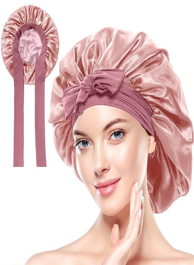 Merdia Satin Hair Bonnet for Women with Soft Elastic Tie Band | Elastic and Reusable Shower Hair Caps | Satin Bonnet for Sleeping Women, Shower Caps | Double Layers Hair Cap | 15 Inches, Dark Pink - Image 1