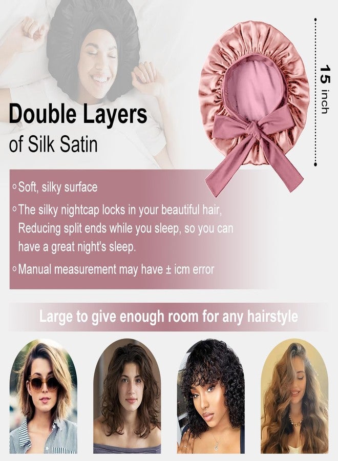 Merdia Satin Hair Bonnet for Women with Soft Elastic Tie Band | Elastic and Reusable Shower Hair Caps | Satin Bonnet for Sleeping Women, Shower Caps | Double Layers Hair Cap | 15 Inches, Dark Pink - Image 2
