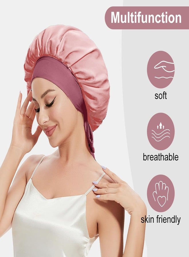 Merdia Satin Hair Bonnet for Women with Soft Elastic Tie Band | Elastic and Reusable Shower Hair Caps | Satin Bonnet for Sleeping Women, Shower Caps | Double Layers Hair Cap | 15 Inches, Dark Pink - Image 4