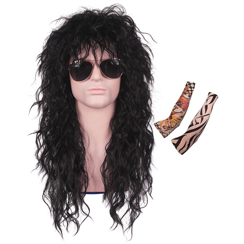 ColorGround Long 80s Fashion Smart Rocker Style Wig (Black with Tattoo Arm) - Image 1
