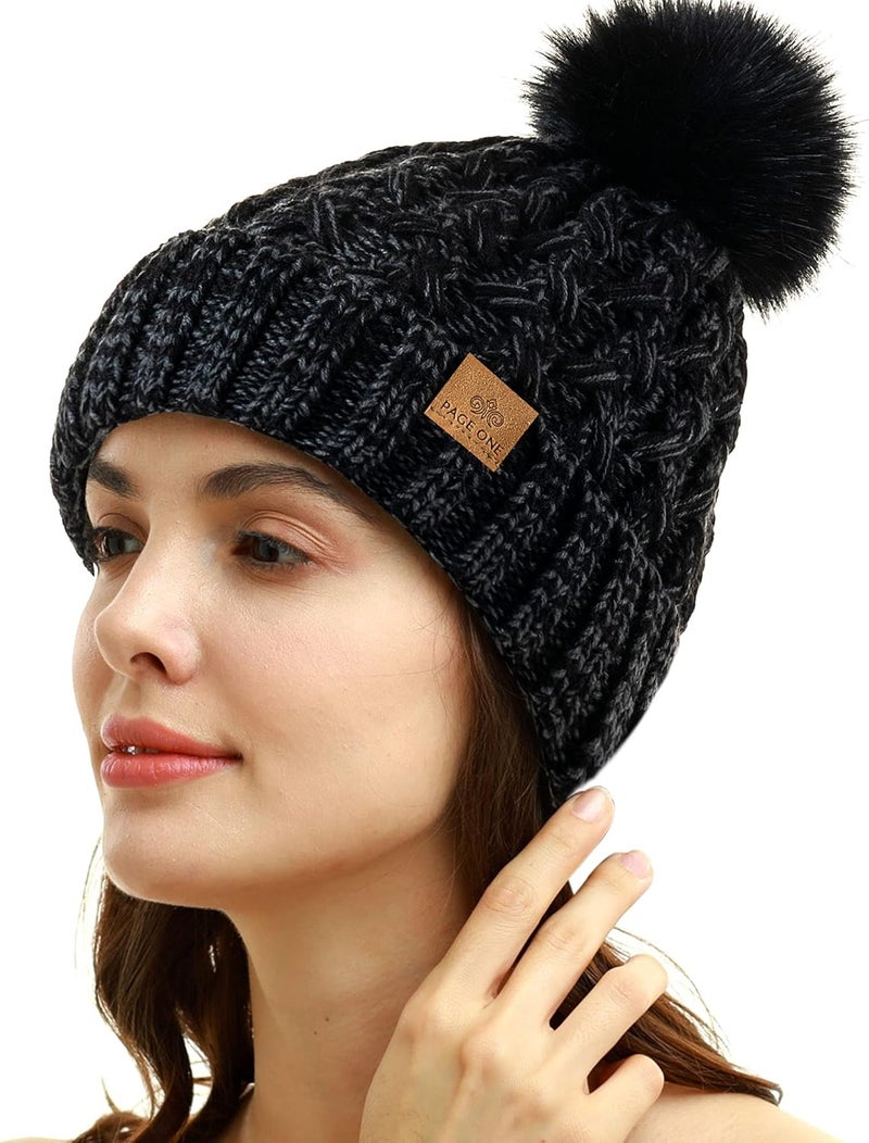 PAGE ONE Womens Winter Ribbed Beanie Crossed Cap Chunky Cable Knit Pompom Soft Warm Hat - Image 2