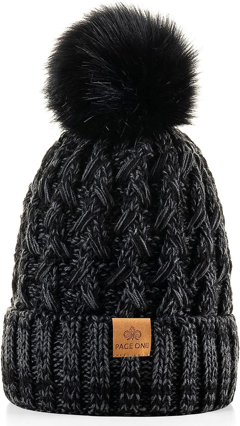 PAGE ONE Womens Winter Ribbed Beanie Crossed Cap Chunky Cable Knit Pompom Soft Warm Hat - Image 1