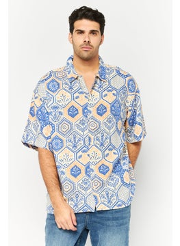 Jack Jones Men Oversized Fit Graphic Print Short Sleeves Casual Shirt, Blue Combo  - Image 1