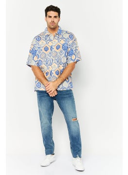 Jack Jones Men Oversized Fit Graphic Print Short Sleeves Casual Shirt, Blue Combo  - Image 2