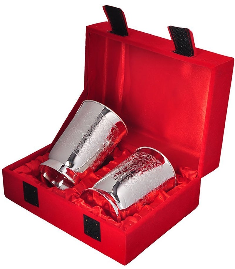 Piepot Silver Plated Embossed Glass Tumbler Water Glass for Drinking Water Pack of 2 Royal Look Red Velvet Box Best for Gifting in Any Occasion - Image 2