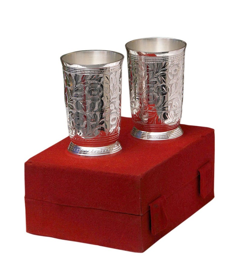 Piepot Silver Plated Embossed Glass Tumbler Water Glass for Drinking Water Pack of 2 Royal Look Red Velvet Box Best for Gifting in Any Occasion - Image 1