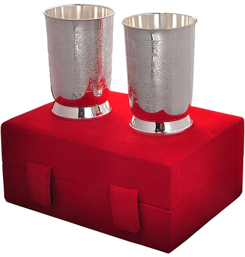 Piepot Silver Plated Embossed Glass Tumbler Water Glass for Drinking Water Pack of 2 Royal Look Red Velvet Box Best for Gifting in Any Occasion - Image 3