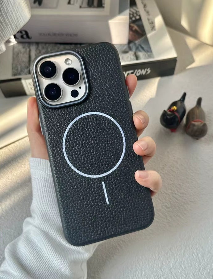 Magsafe Phone Case For iPhone 15 Pro Max With High Quality Rubber Frame And Slim Lychee Pattern Leather Case with Camera Lens Protection Shockproof Cover And support wireless Charging Leather Cover for iPhone 15 Pro Max - Black - Image 2