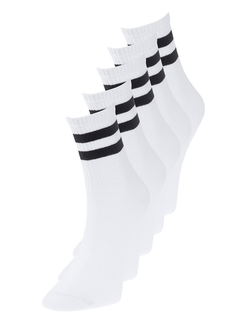 trendyol Cotton Striped White Socks - College, Tennis, Medium Size TMNSS24CO00017 5 Pack - Image 5