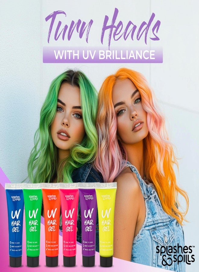 Splashes & Spills UV Neon Hair Gel Set - 6 Bright Non-Toxic Colors with Black Light Glow for Raves, Parties, Clubs, Halloween Costume - Non-Toxic Temporary Wash Out Color - by Splashes and Spills - Image 2