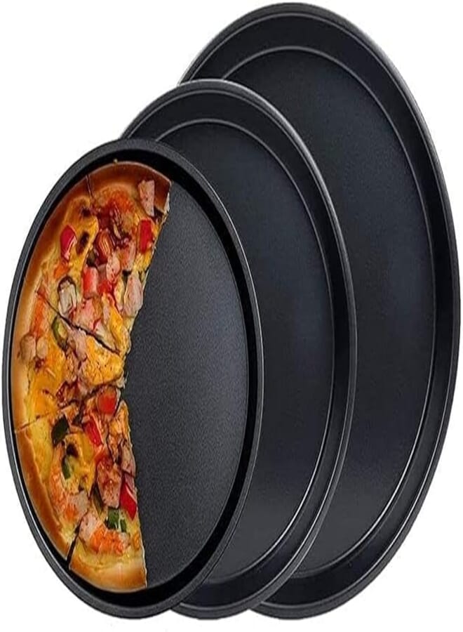 Spaceshoop Generic Carbon Steel Baking Pizza Tray For Microwave Non Stick Set Of 3 Pieces - Black