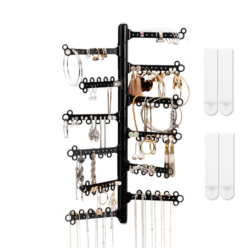 All Hung Up 12Tier 15 Wall Jewelry Organizer Command Strips included for Easy Hanging 120 Hole Earring Organizer Necklace Organizer Bracelet Holder Ring Holder Rotating Branches Black