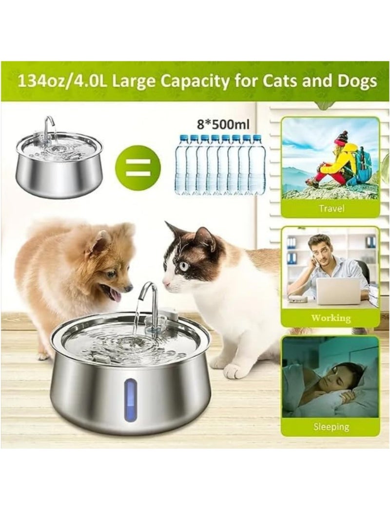 MASINGAA Cat Water Fountain, 4L Automatic Stainless Steel Pet Fountain with LED Light Water Level Window, Dog Water Dispenser for Multiple Pets Drinking - Image 3