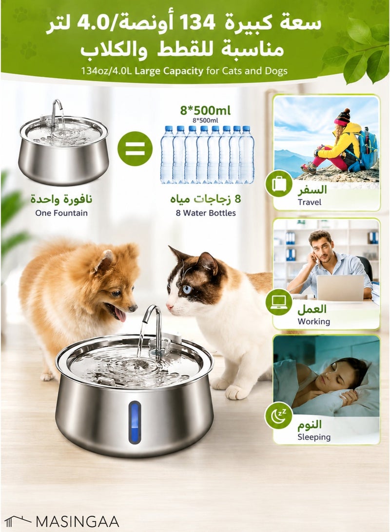 MASINGAA Cat Water Fountain, 4L Automatic Stainless Steel Pet Fountain with LED Light Water Level Window, Dog Water Dispenser for Multiple Pets Drinking - Image 2
