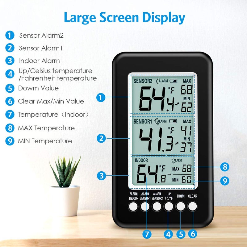 AMIR (Upgraded Version) Refrigerator Thermometer, Wireless Digital Freezer Thermometer with 2 Sensors, Indoor Outdoor Thermometer with Audible Alarm Temperature Gauge for Freezer Kitchen Home - Image 3