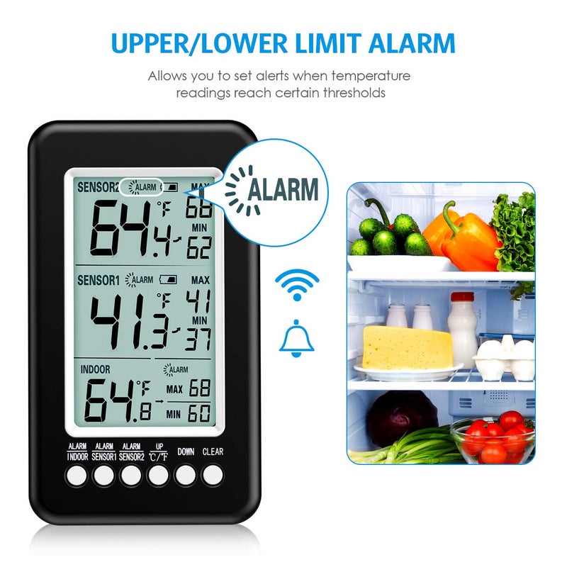 AMIR (Upgraded Version) Refrigerator Thermometer, Wireless Digital Freezer Thermometer with 2 Sensors, Indoor Outdoor Thermometer with Audible Alarm Temperature Gauge for Freezer Kitchen Home - Image 2