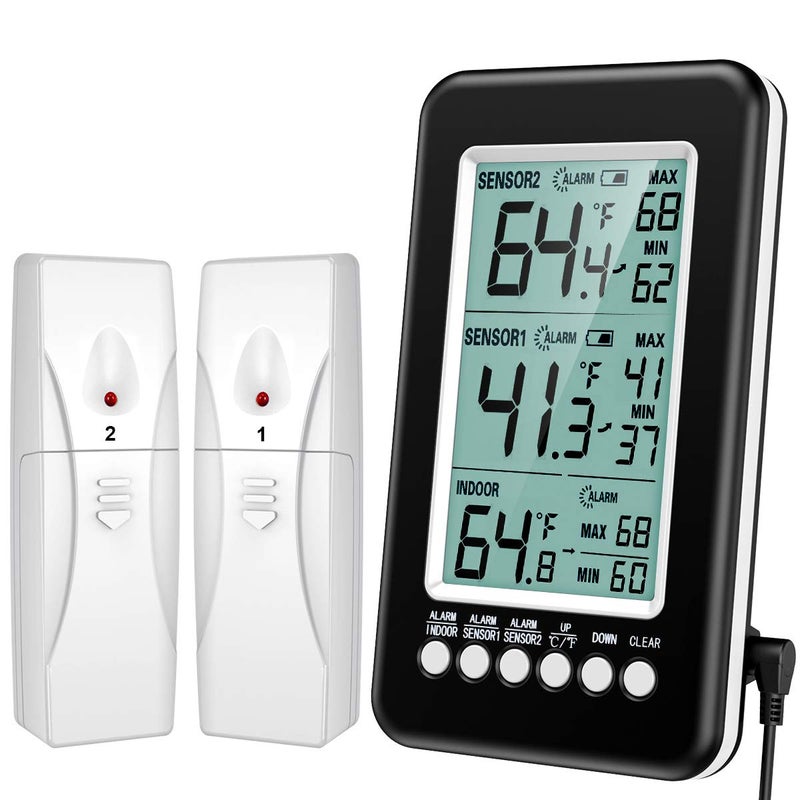 AMIR (Upgraded Version) Refrigerator Thermometer, Wireless Digital Freezer Thermometer with 2 Sensors, Indoor Outdoor Thermometer with Audible Alarm Temperature Gauge for Freezer Kitchen Home - Image 1